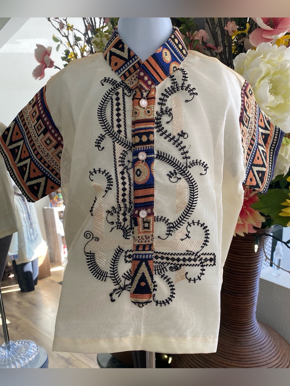 Barong Tagalog Embroidered Cream Kid's Shirt with Tribal Accent